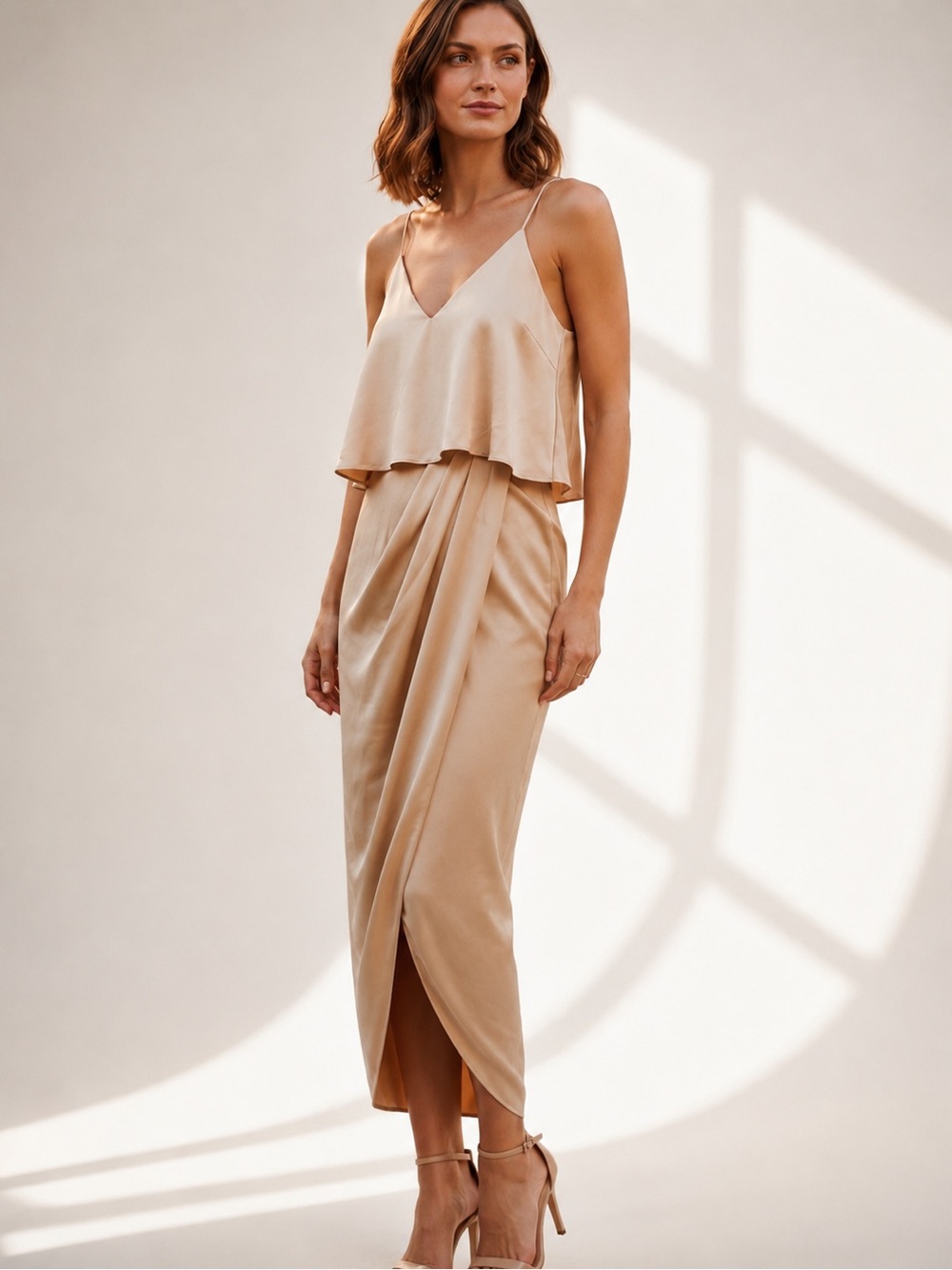 NWT Shona Joy Pink/Blush Draped Satin Midi Dress Size 2